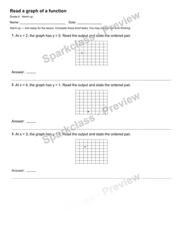 Read a graph of a function — Warm-up — Grade 8 worksheet preview
