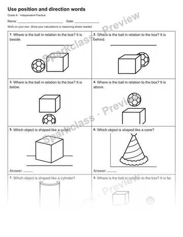 Use position and direction words — Independent Practice — Kindergarten worksheet preview
