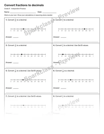 Convert fractions to decimals — Independent Practice — Grade 8 worksheet preview