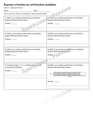 Express a fraction as unit-fraction multiples — Independent Practice — Grade 4 worksheet preview
