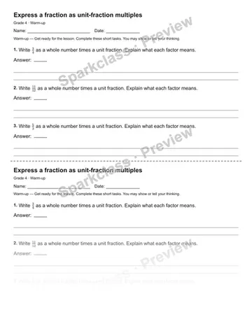 Express a fraction as unit-fraction multiples — Warm-up — Grade 4 worksheet preview
