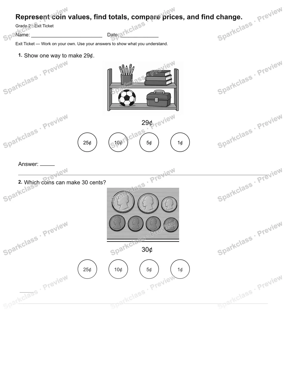 Represent coin values, find totals, compare prices, and find change. — Exit Ticket — page 2