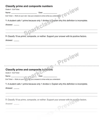Classify prime and composite numbers — Exit Ticket — Grade 4 worksheet preview