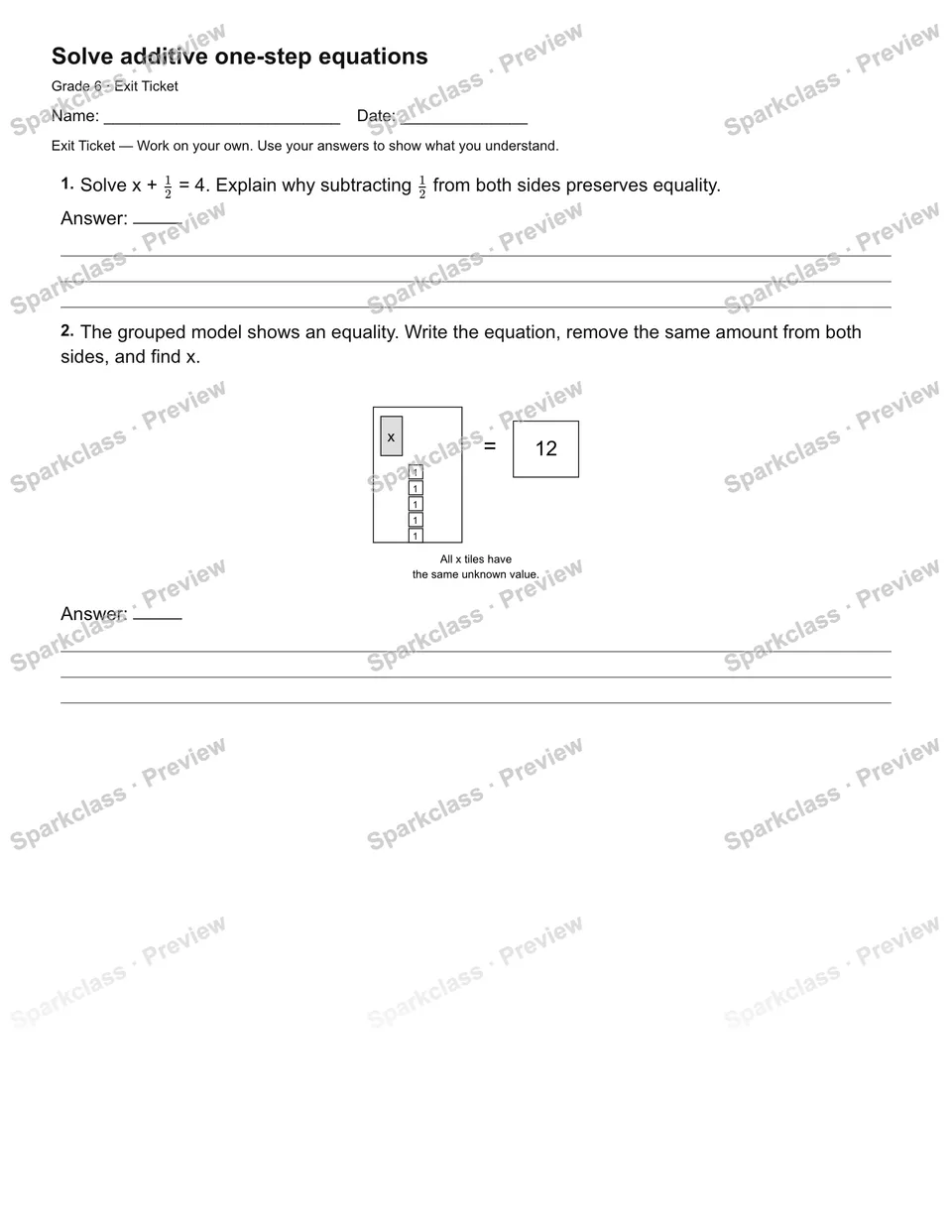 Solve additive one-step equations — Exit Ticket — page 2