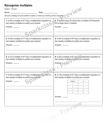 Recognize multiples — Review — Grade 4 worksheet preview