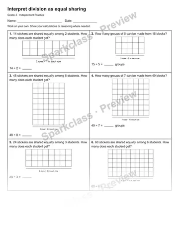 Interpret division as equal sharing — Independent Practice — Grade 3 worksheet preview