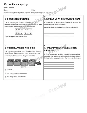 1School bus capacity — Review — Grade 5 worksheet preview