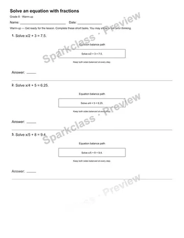 Solve an equation with fractions — Warm-up — Grade 8 worksheet preview