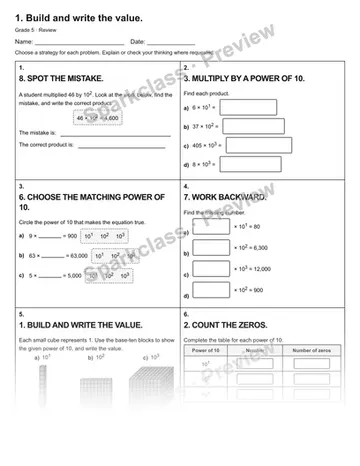 1. Build and write the value. — Review — Grade 5 worksheet preview