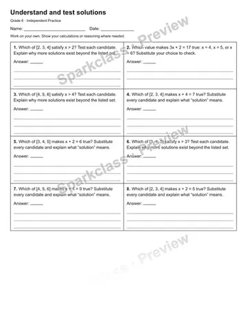 Understand and test solutions — Independent Practice — Grade 6 worksheet preview