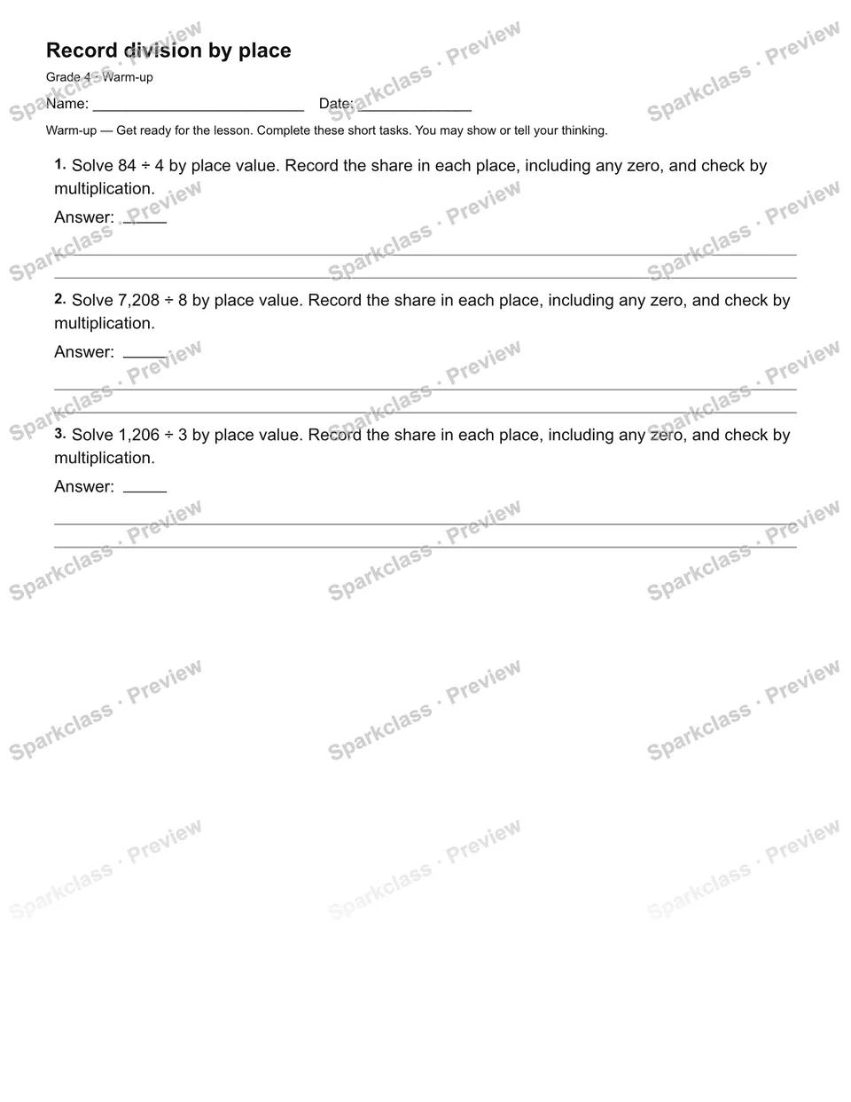 Record division by place — Warm-up — page 1
