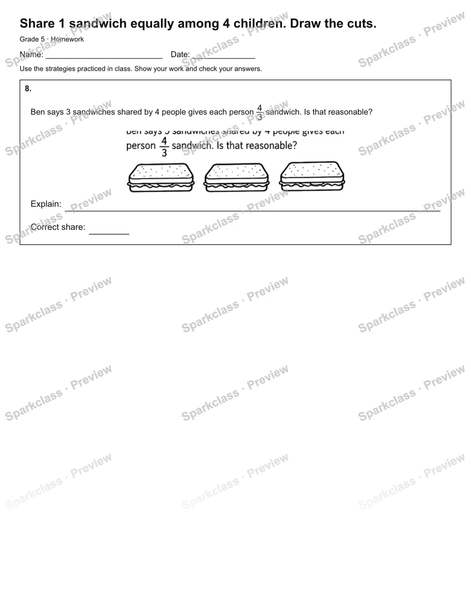 Share 1 sandwich equally among 4 children. Draw the cuts. — Homework — page 3