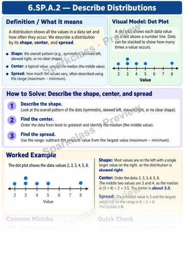 Knowledge Guide · Describe a distribution — Grade 6 worksheet preview