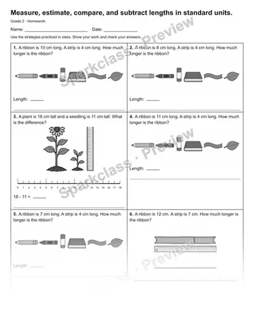 Measure, estimate, compare, and subtract lengths in standard units. — Homework — Grade 2 worksheet preview