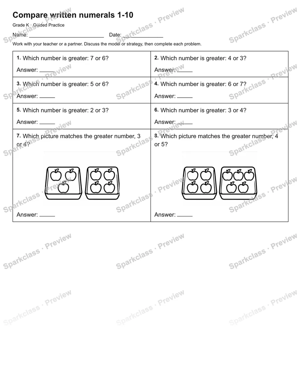 Compare written numerals 1-10 — Guided Practice — page 1