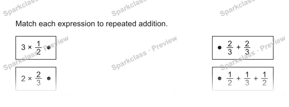 Match each expression to repeated addition. 3 × 1/2 2 × 2/3 2/3 + 2/3 1/2 + 1/3 + 1/2 — page 1