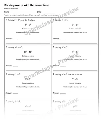 Divide powers with the same base — Homework — Grade 8 worksheet preview