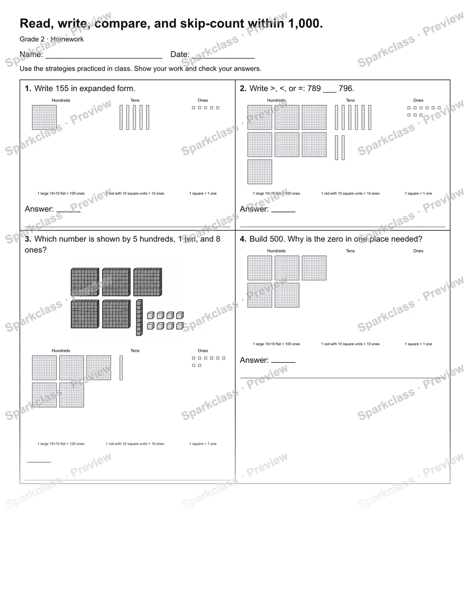 Read, write, compare, and skip-count within 1,000. — Homework — page 1