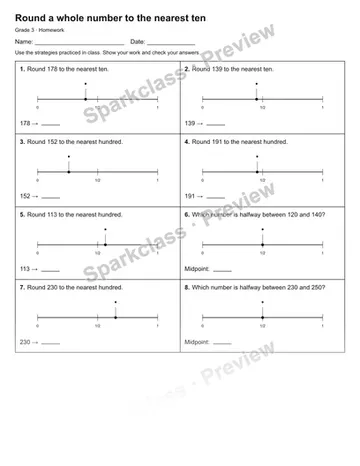 Round a whole number to the nearest ten — Homework — Grade 3 worksheet preview