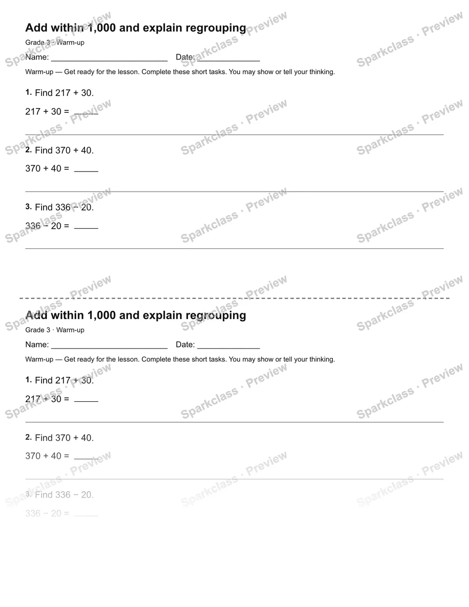 Add within 1,000 and explain regrouping — Warm-up — page 1