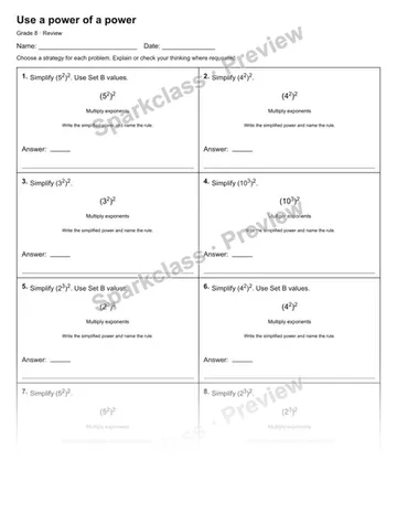 Use a power of a power — Review — Grade 8 worksheet preview