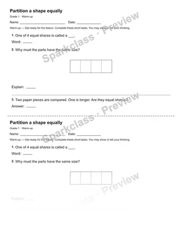 Partition a shape equally — Warm-up — Grade 1 worksheet preview