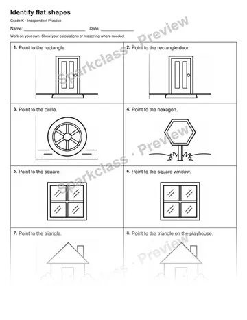 Identify flat shapes — Independent Practice — Kindergarten worksheet preview