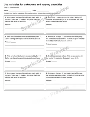 Use variables for unknowns and varying quantities — Guided Practice — Grade 6 worksheet preview