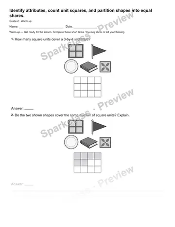 Identify attributes, count unit squares, and partition shapes into equal shares. — Warm-up — Grade 2 worksheet preview