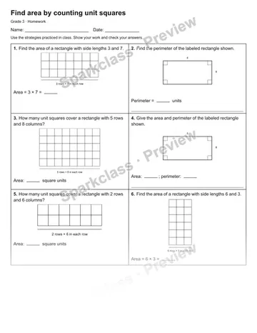 Find area by counting unit squares — Homework — Grade 3 worksheet preview