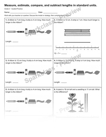Measure, estimate, compare, and subtract lengths in standard units. — Guided Practice — Grade 2 worksheet preview
