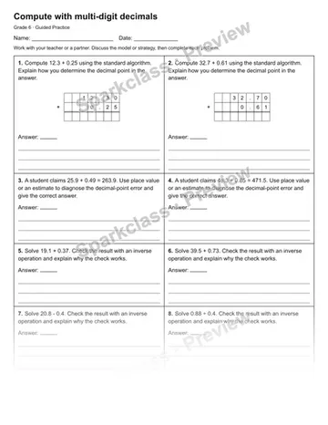 Compute with multi-digit decimals — Guided Practice — Grade 6 worksheet preview