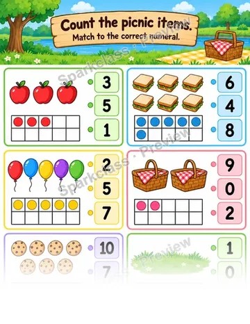 Number and Quantity · Picnic Match — Kindergarten worksheet preview
