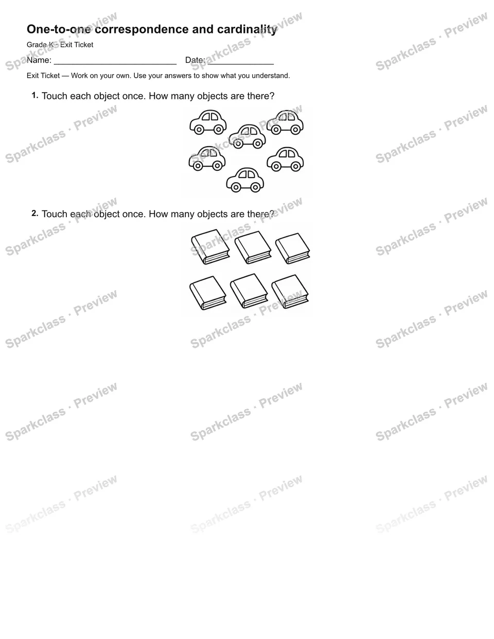 One-to-one correspondence and cardinality — Exit Ticket — page 1