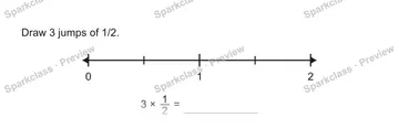 Draw 3 jumps of 1/2. 0 1 2 3 × 1/2 = — Grade 5 problem preview