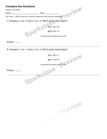 Compare two functions — Exit Ticket — Grade 8 worksheet preview