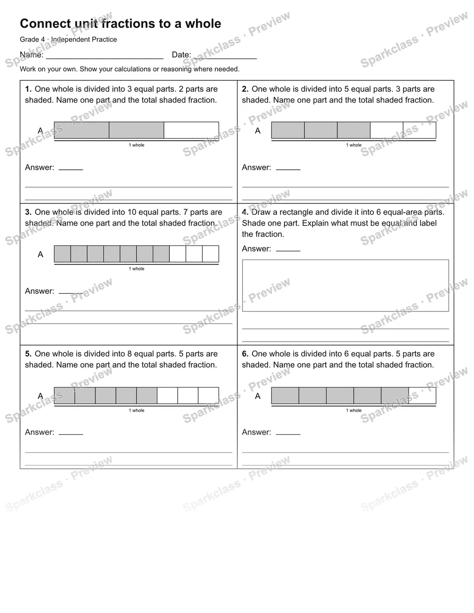 Connect unit fractions to a whole — Independent Practice — page 1
