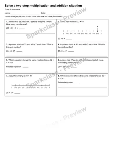 Solve a two-step multiplication and addition situation — Homework — Grade 3 worksheet preview