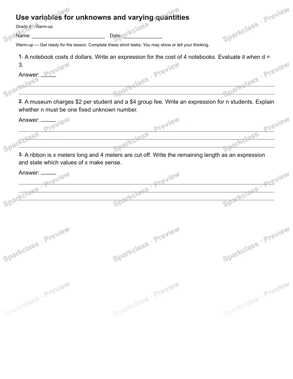Use variables for unknowns and varying quantities — Warm-up — page 1