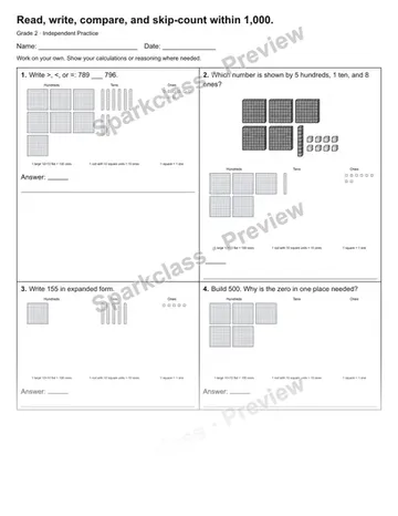 Read, write, compare, and skip-count within 1,000. — Independent Practice — Grade 2 worksheet preview