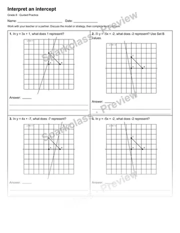 Interpret an intercept — Guided Practice — Grade 8 worksheet preview