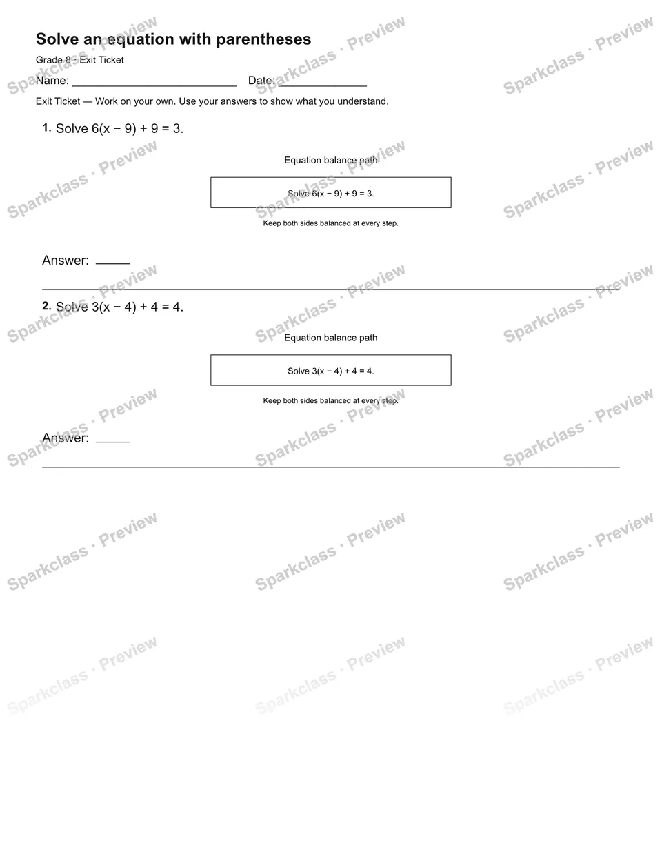 Solve an equation with parentheses — Exit Ticket — page 1