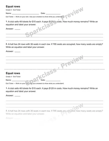 Equal rows — Exit Ticket — Grade 4 worksheet preview