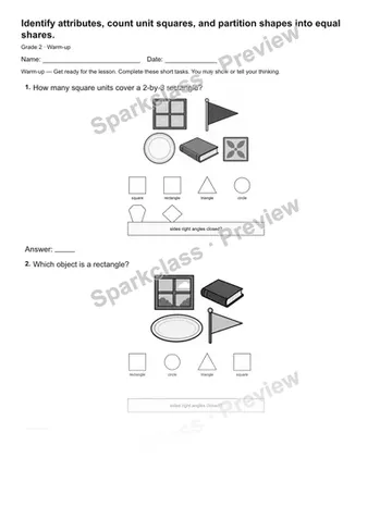 Identify attributes, count unit squares, and partition shapes into equal shares. — Warm-up — Grade 2 worksheet preview