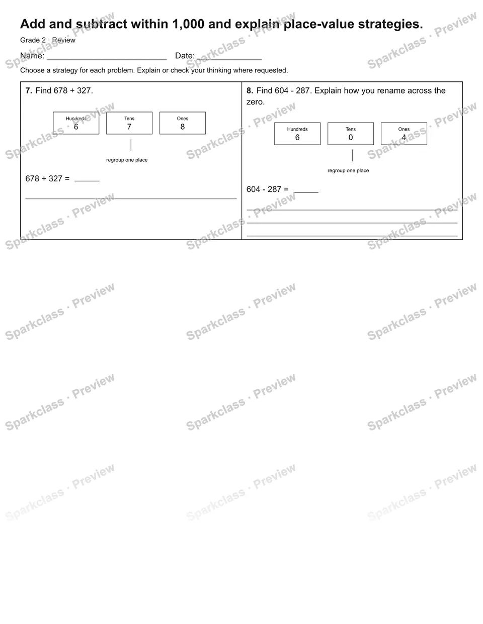 Add and subtract within 1,000 and explain place-value strategies. — Review — page 2