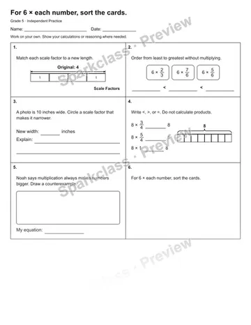 For 6 × each number, sort the cards. — Independent Practice — Grade 5 worksheet preview