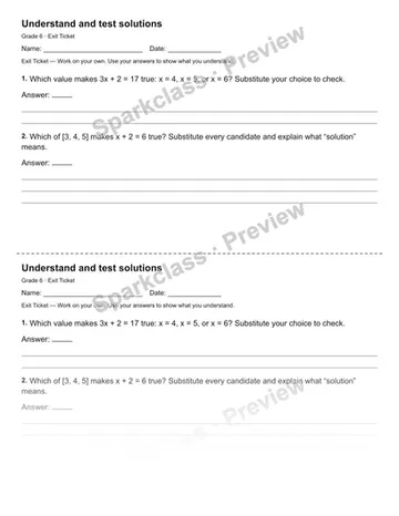 Understand and test solutions — Exit Ticket — Grade 6 worksheet preview