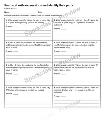 Read and write expressions and identify their parts — Review — Grade 6 worksheet preview