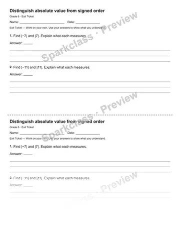 Distinguish absolute value from signed order — Exit Ticket — Grade 6 worksheet preview