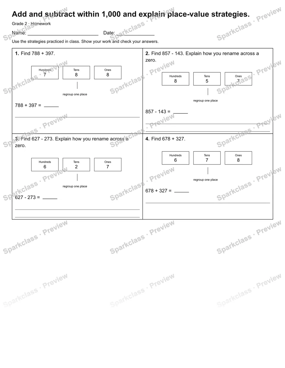 Add and subtract within 1,000 and explain place-value strategies. — Homework — page 1